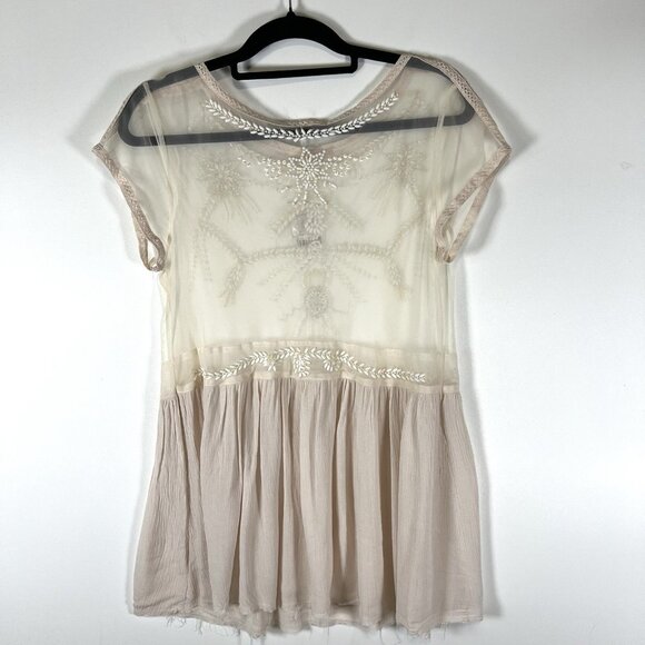 Free People Top Womens Cream Sheer Beaded Mesh Boho Lace Top Size M NWT Boho - Picture 9 of 11